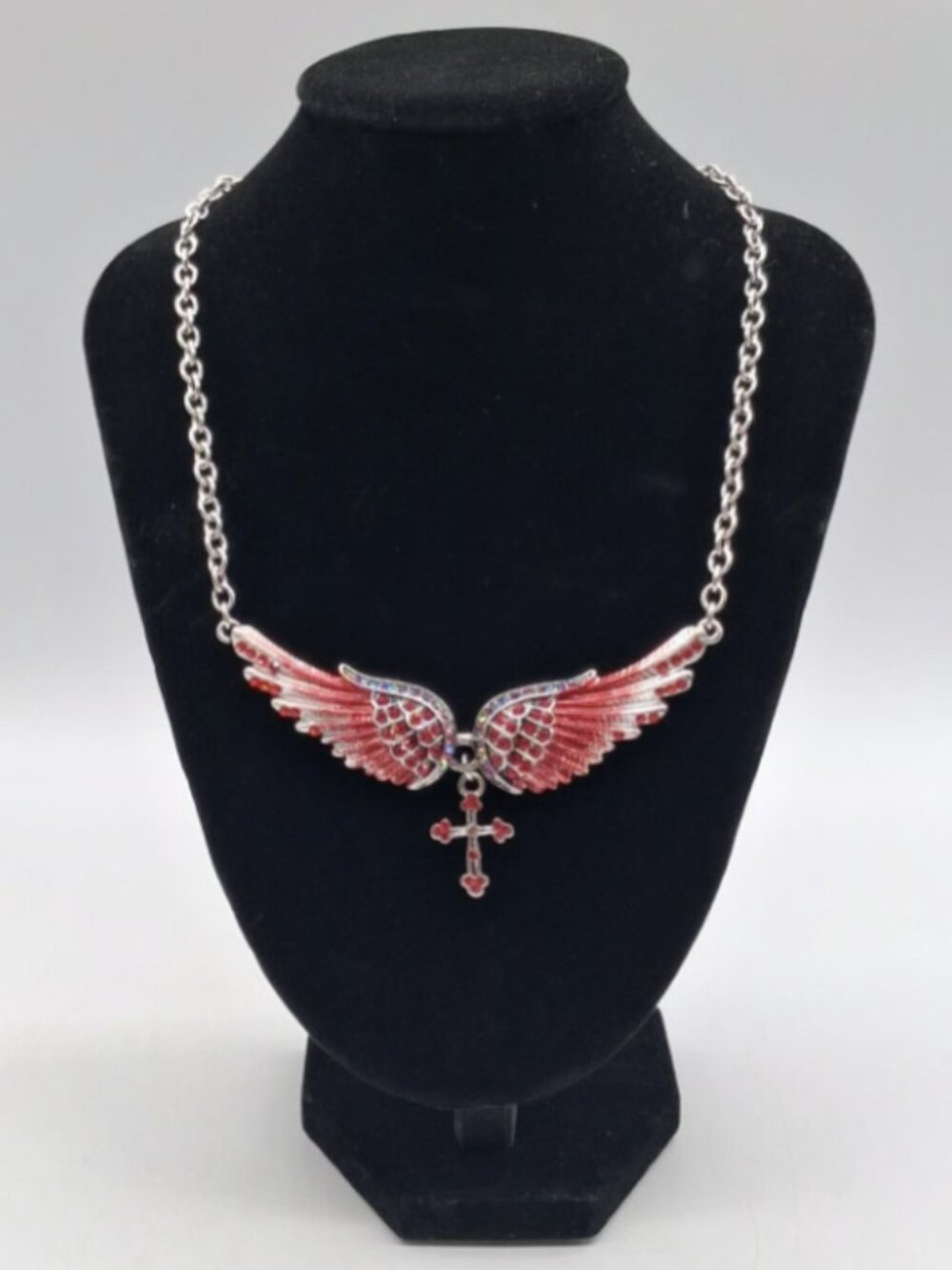 Angle Wing Cross Pendant Necklace Red/Silver